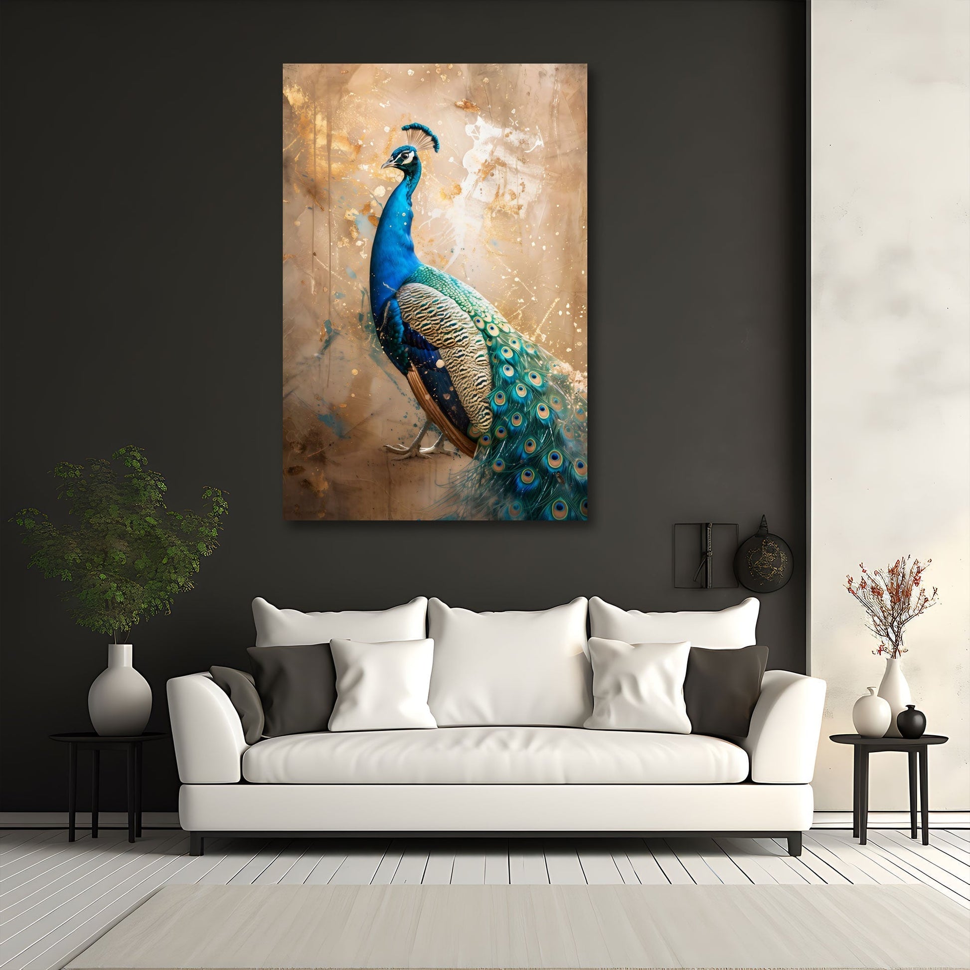 Eleganter Pfau als Wandbild im Schlafzimmer