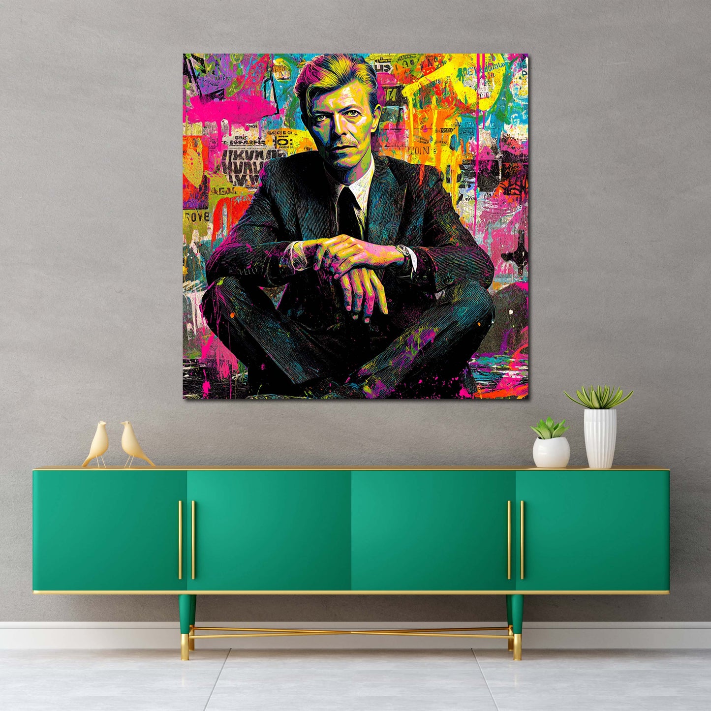Pop Art Bowie Porträt sitzend vor Farbcollage Wandbild
