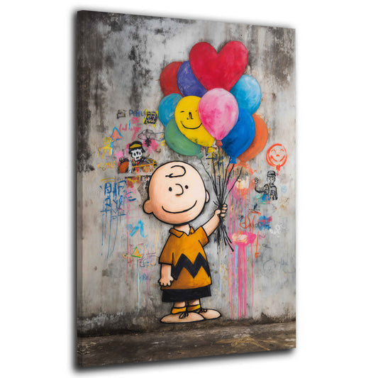Pop Art Comicfigur Charlie mit bunten Luftballons Wandbild