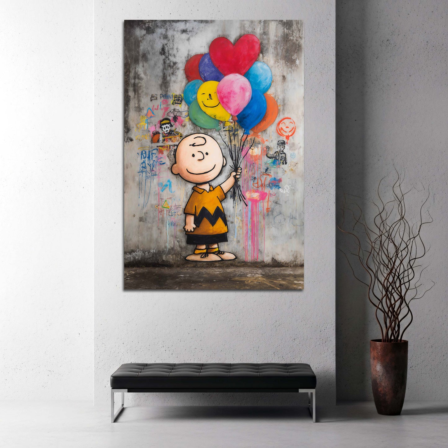 Pop Art Comicfigur Charlie mit bunten Luftballons Wandbild