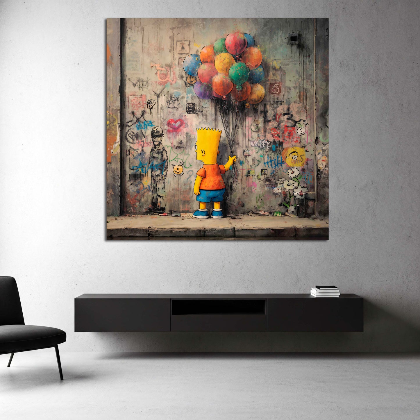Pop Art Figur Comic Bart mit Luftballons und Wandkritzeleien Wandbild
