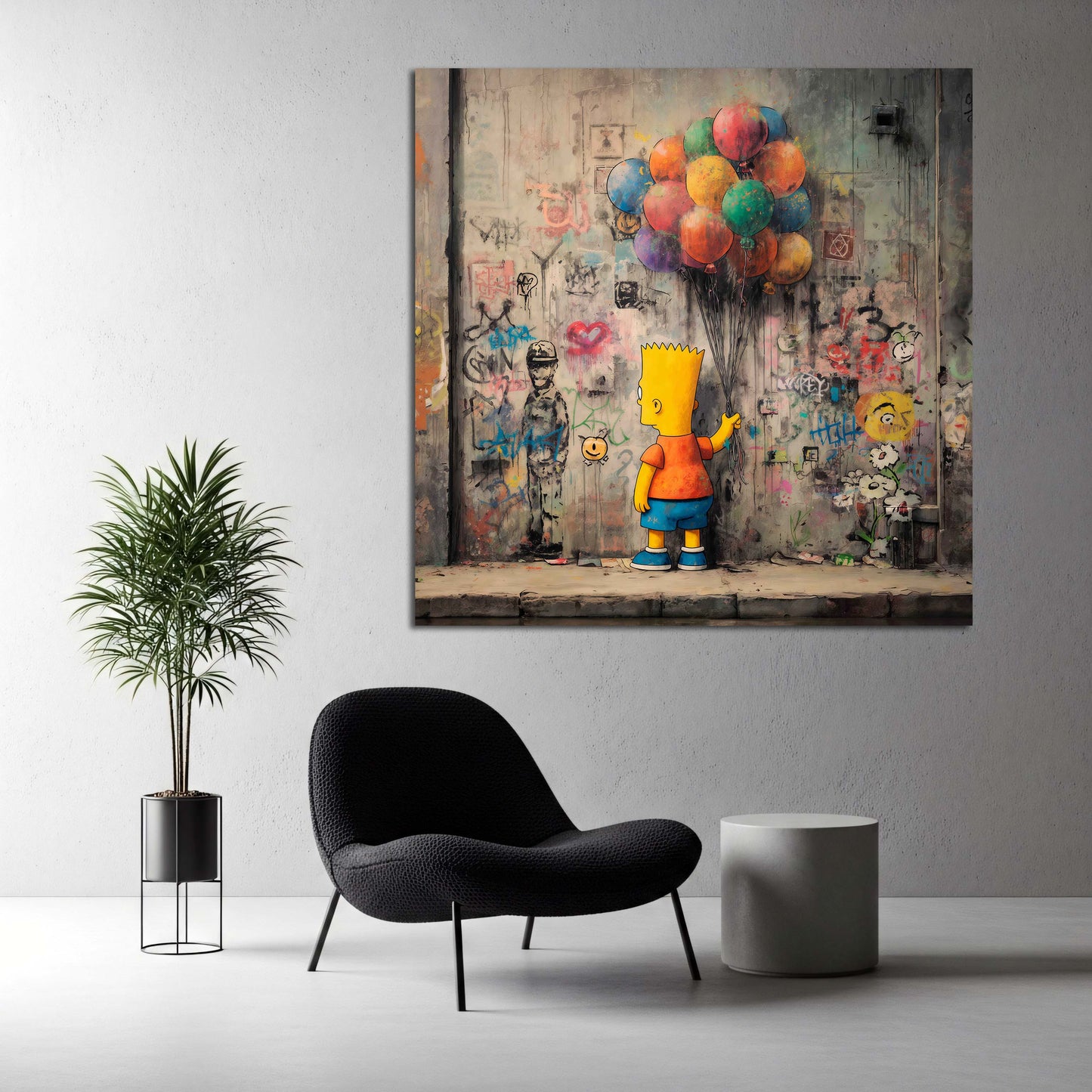Pop Art Figur Comic Bart mit Luftballons und Wandkritzeleien Wandbild