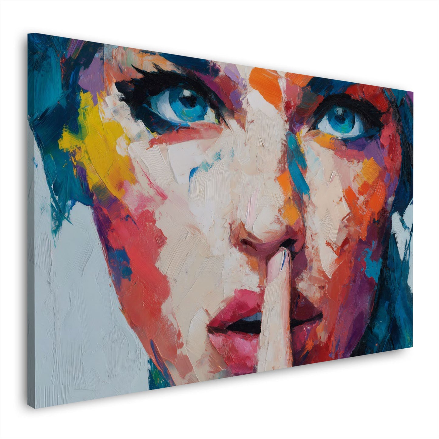 Pop Art Frau Gesicht mit Finger vor Lippen buntes  Porträt Wandbild