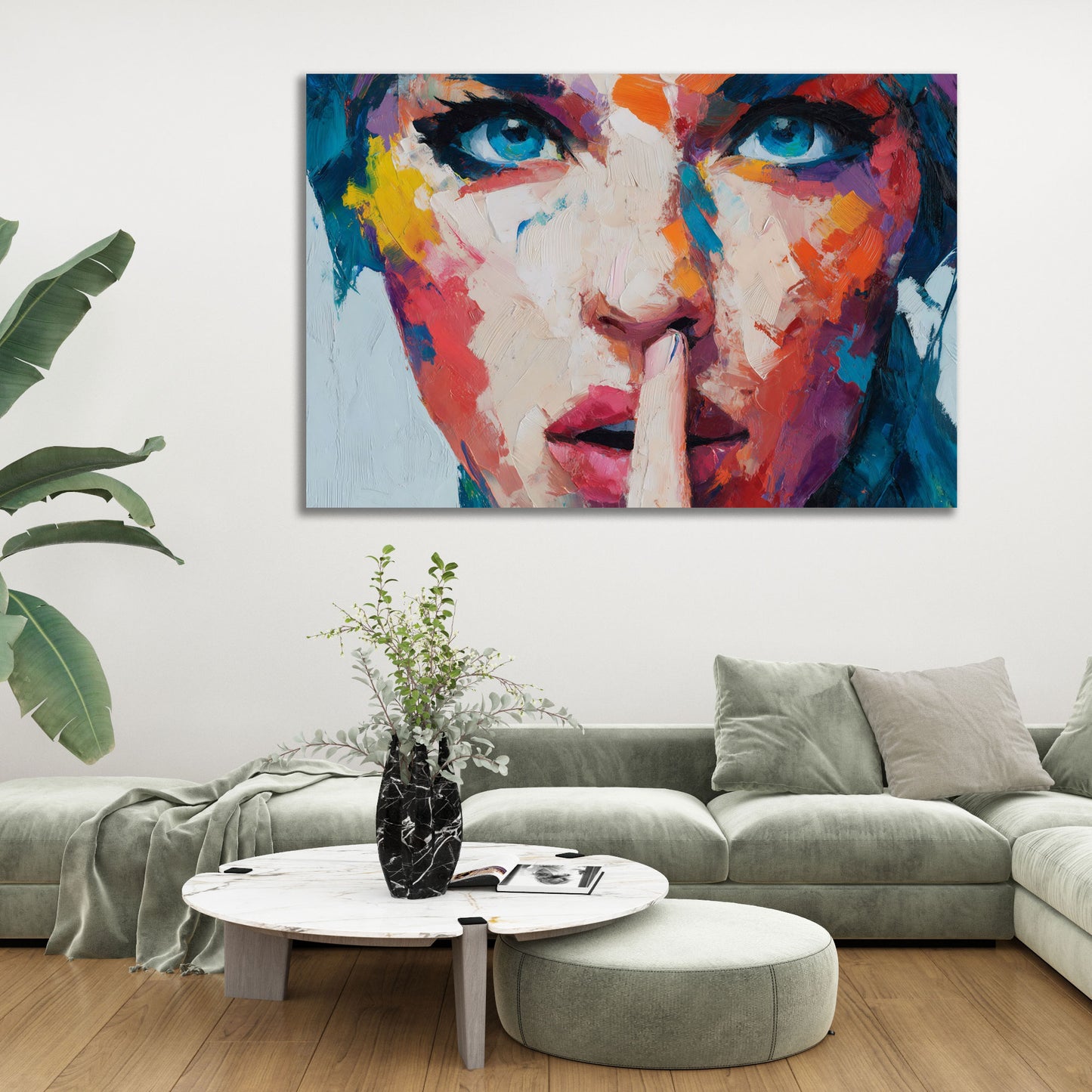 Pop Art Frau Gesicht mit Finger vor Lippen buntes  Porträt Wandbild