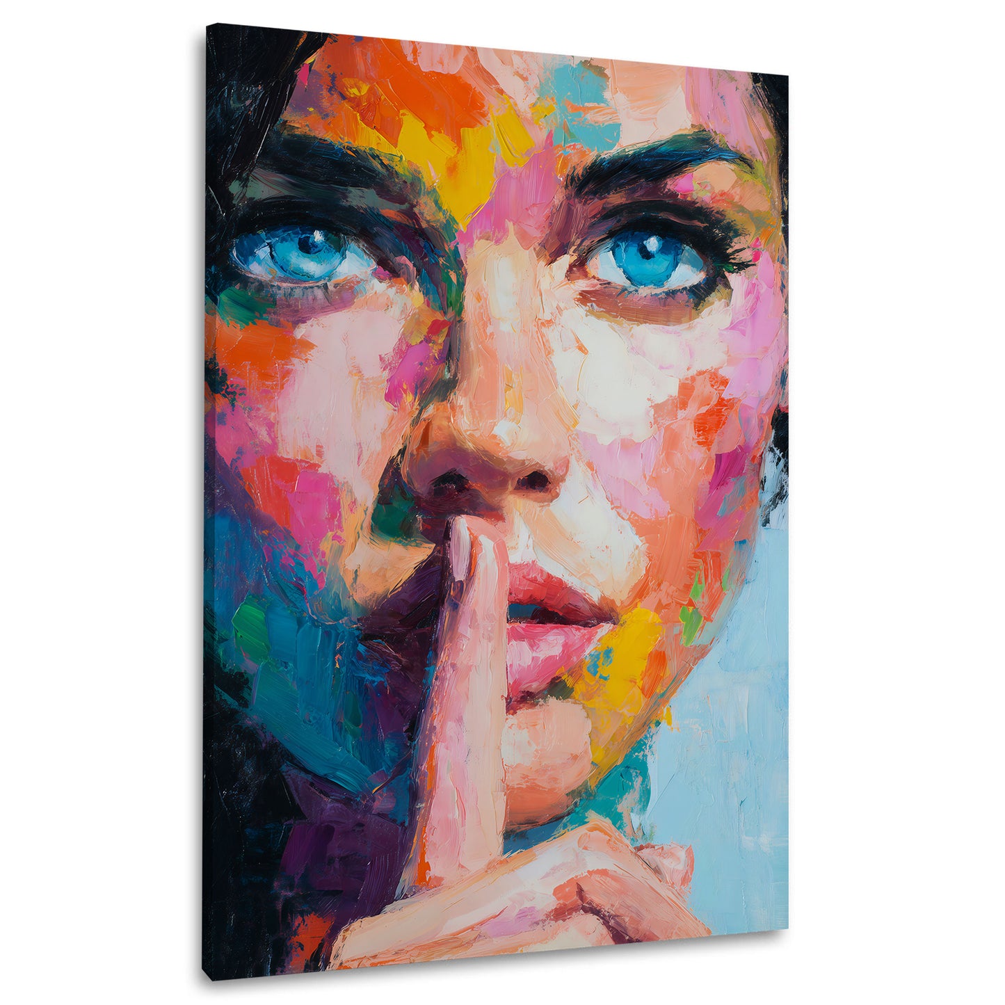 Pop Art Frau Gesicht mit Finger vor Lippen Porträt Wandbild