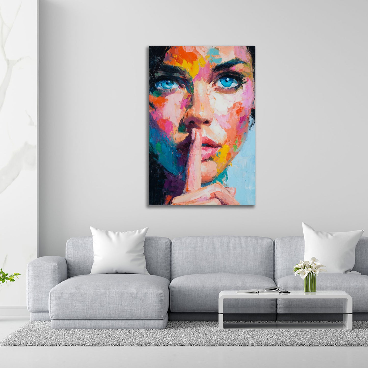 Pop Art Frau Gesicht mit Finger vor Lippen Porträt Wandbild
