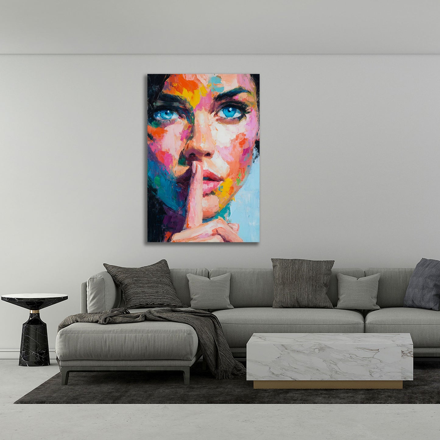 Pop Art Frau Gesicht mit Finger vor Lippen Porträt Wandbild