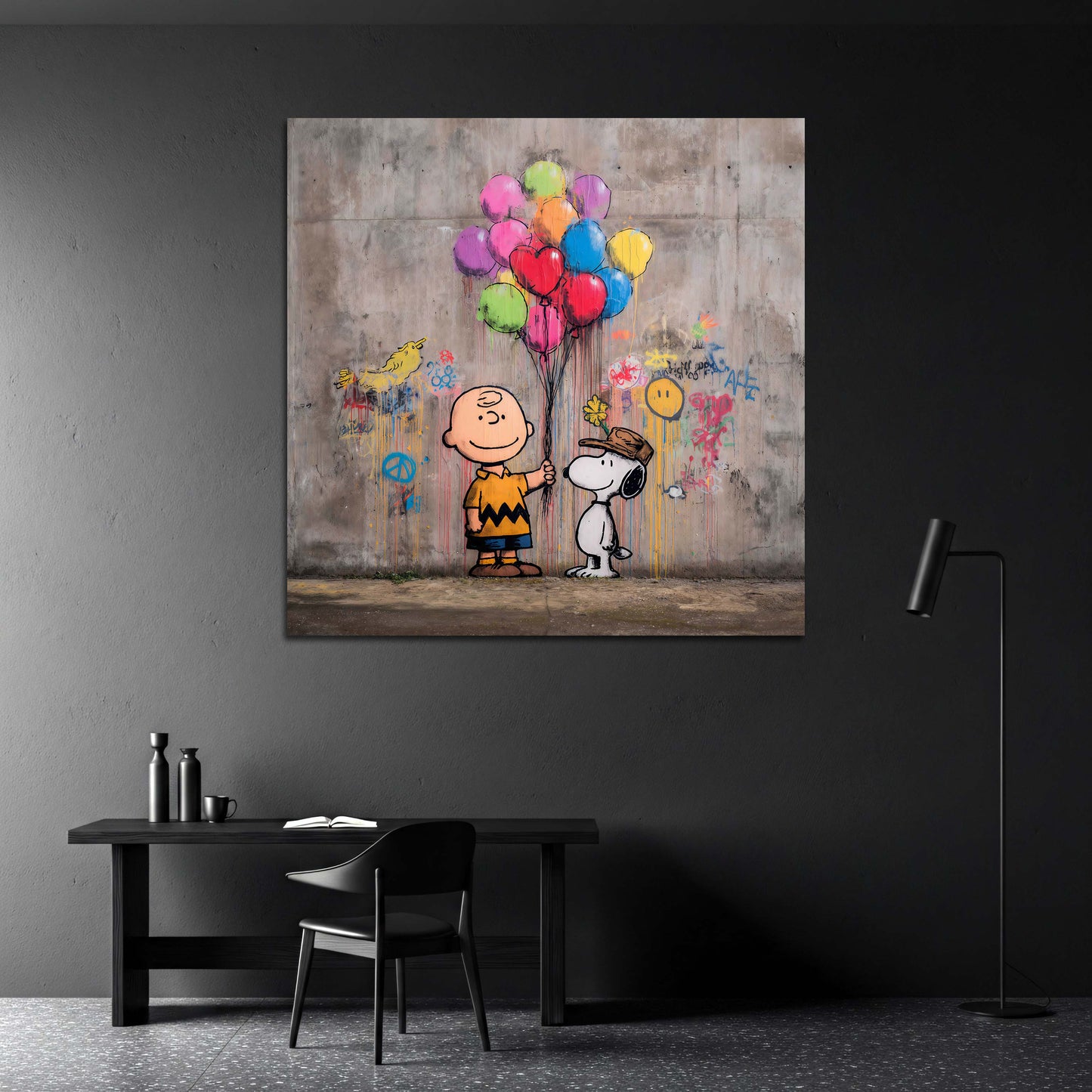 Pop Art Freundschaft Charlie Comicstil Graffiti und Luftballons Wandbild