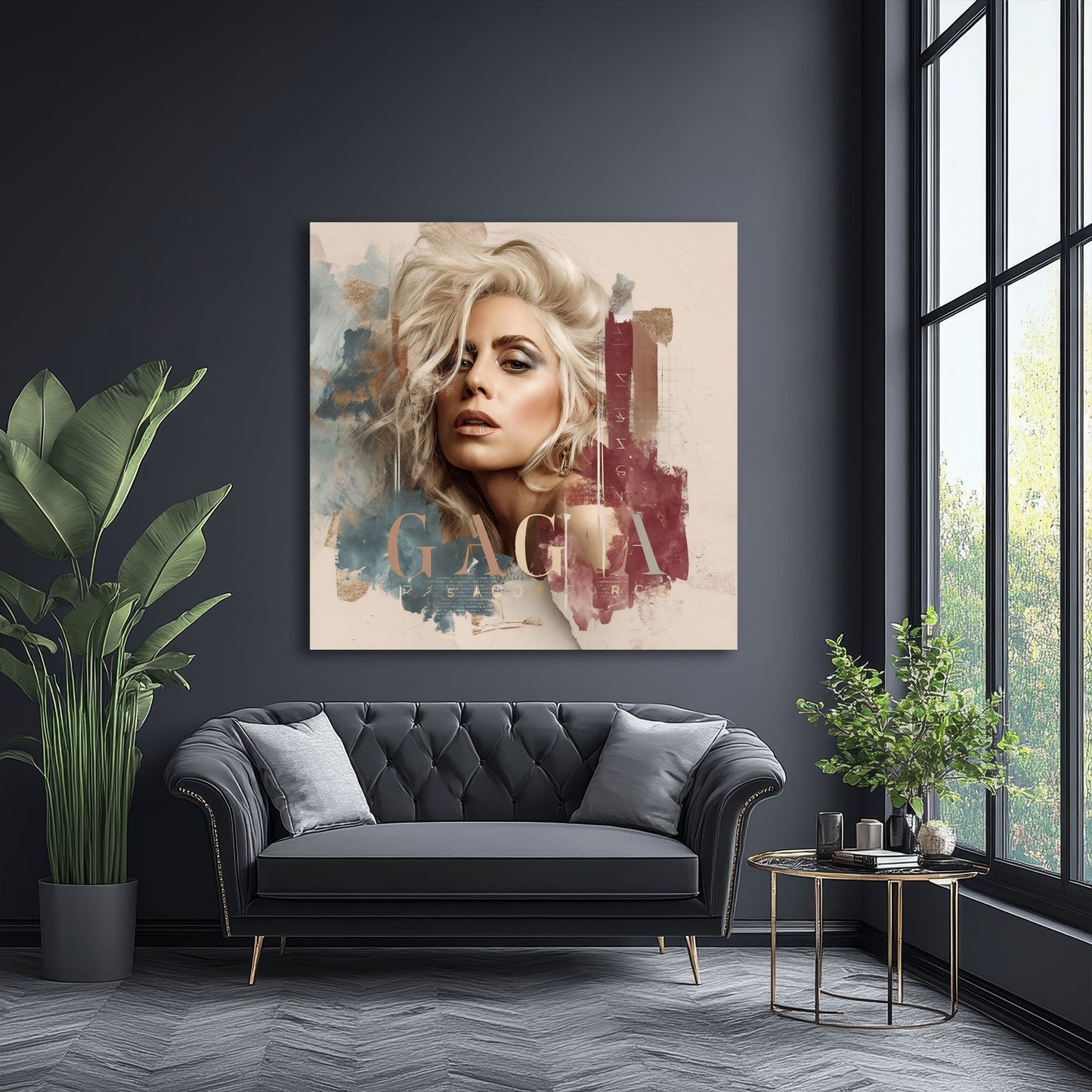 Quadratisches Pop Art Fashion Wandbild über dem Sofa im Wohnzimmer
