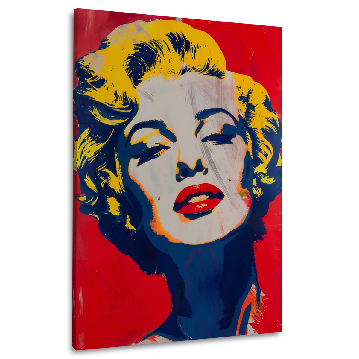 Pop-Art-Porträt mit blondem Haar in Rot und Blau als Wandbild