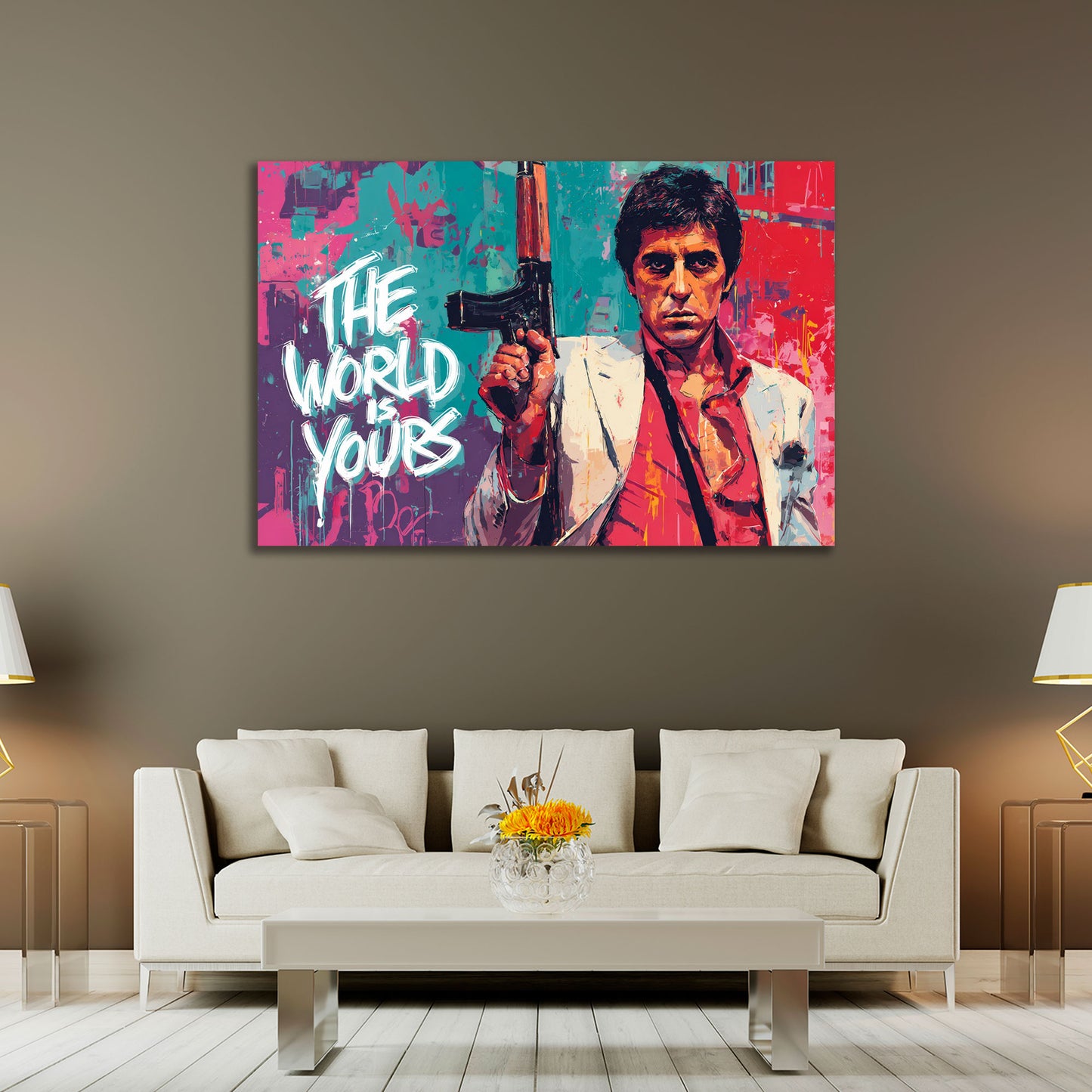 Pop Art Scarface mit Waffe The World Is Yours Kultfilm Wandbild