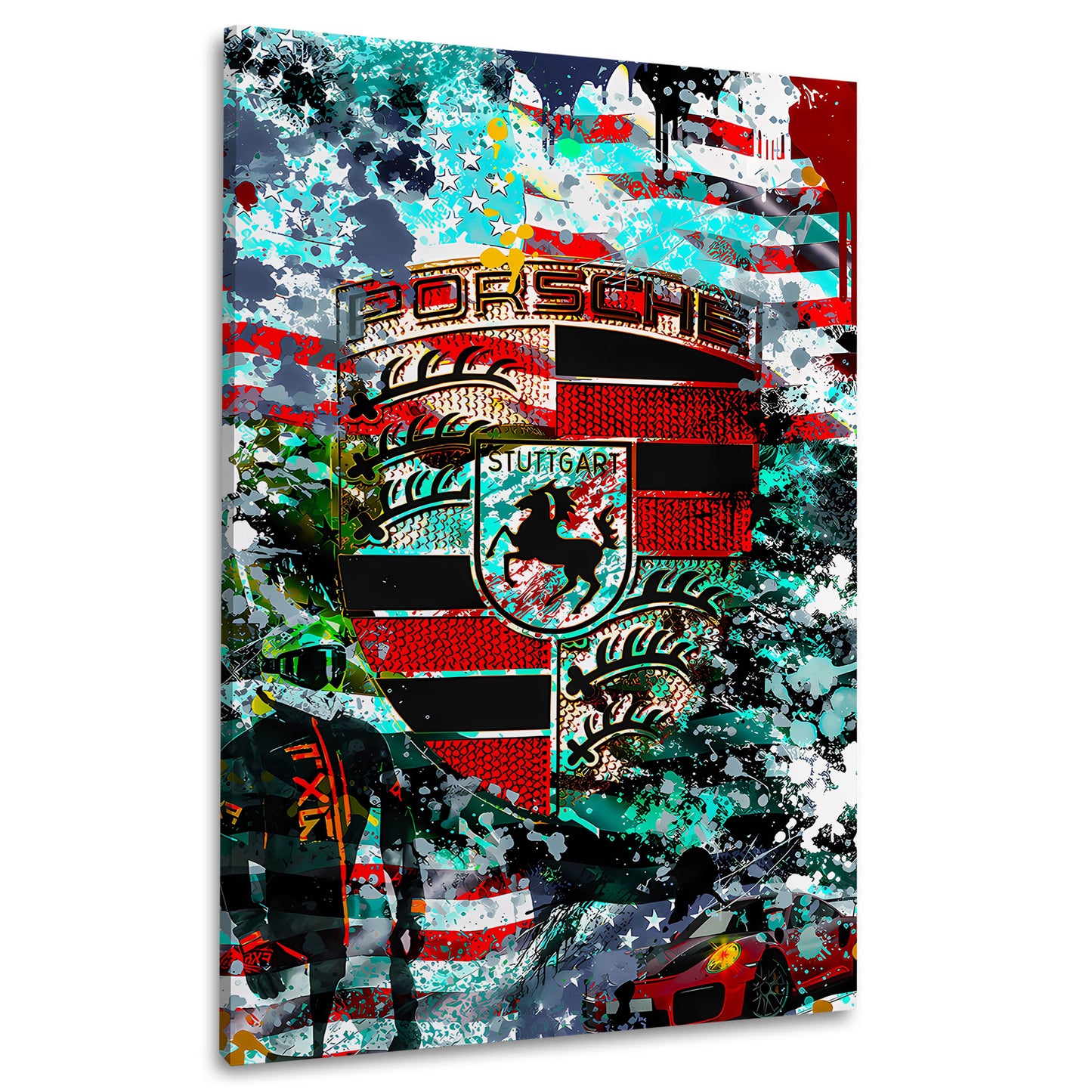 Porsche Emblem Rennfahrer Farbexplosion Wandbild