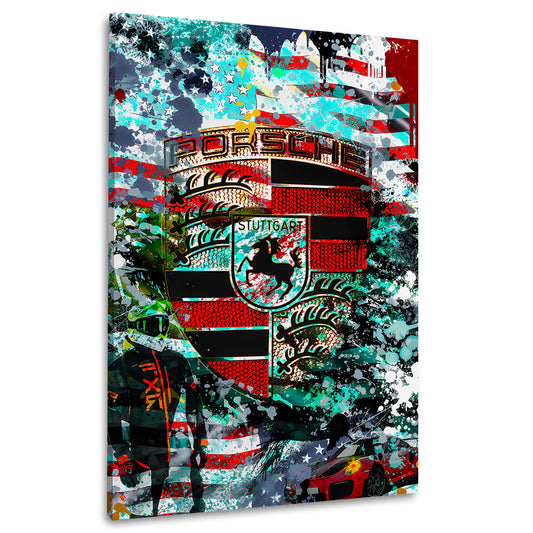 Porsche Emblem Rennfahrer Farbexplosion Wandbild