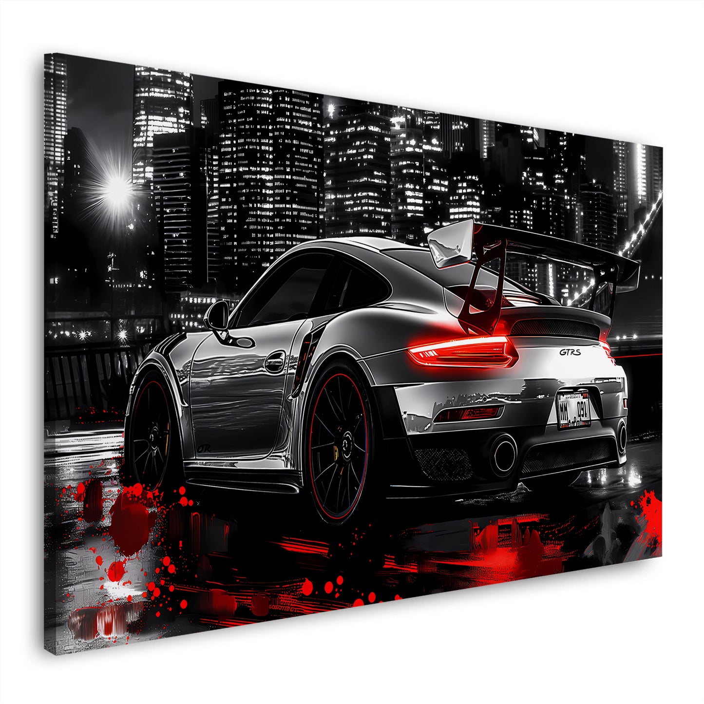 Porsche GT auf nasser Straße mit City Lights Wandbild