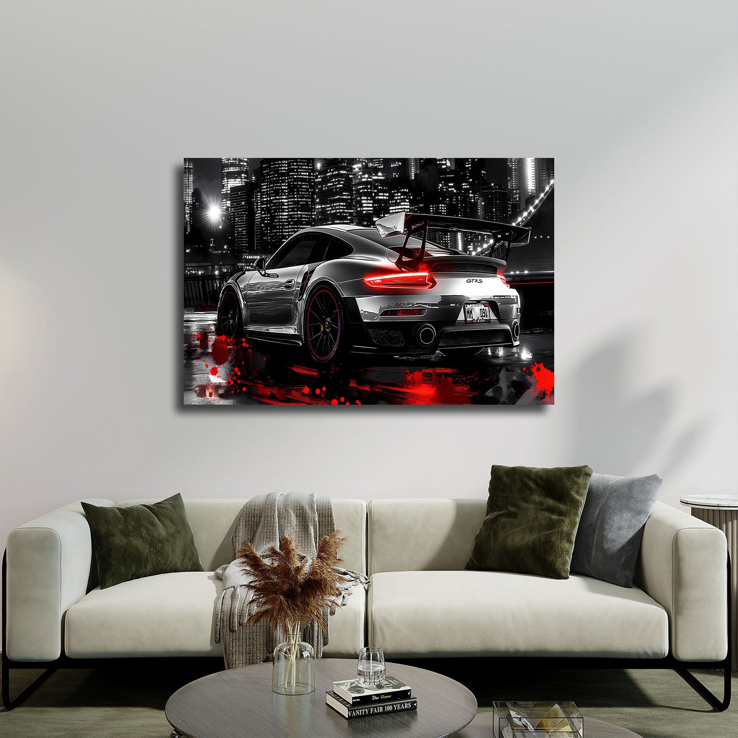 Porsche GT auf nasser Straße mit City Lights Wandbild