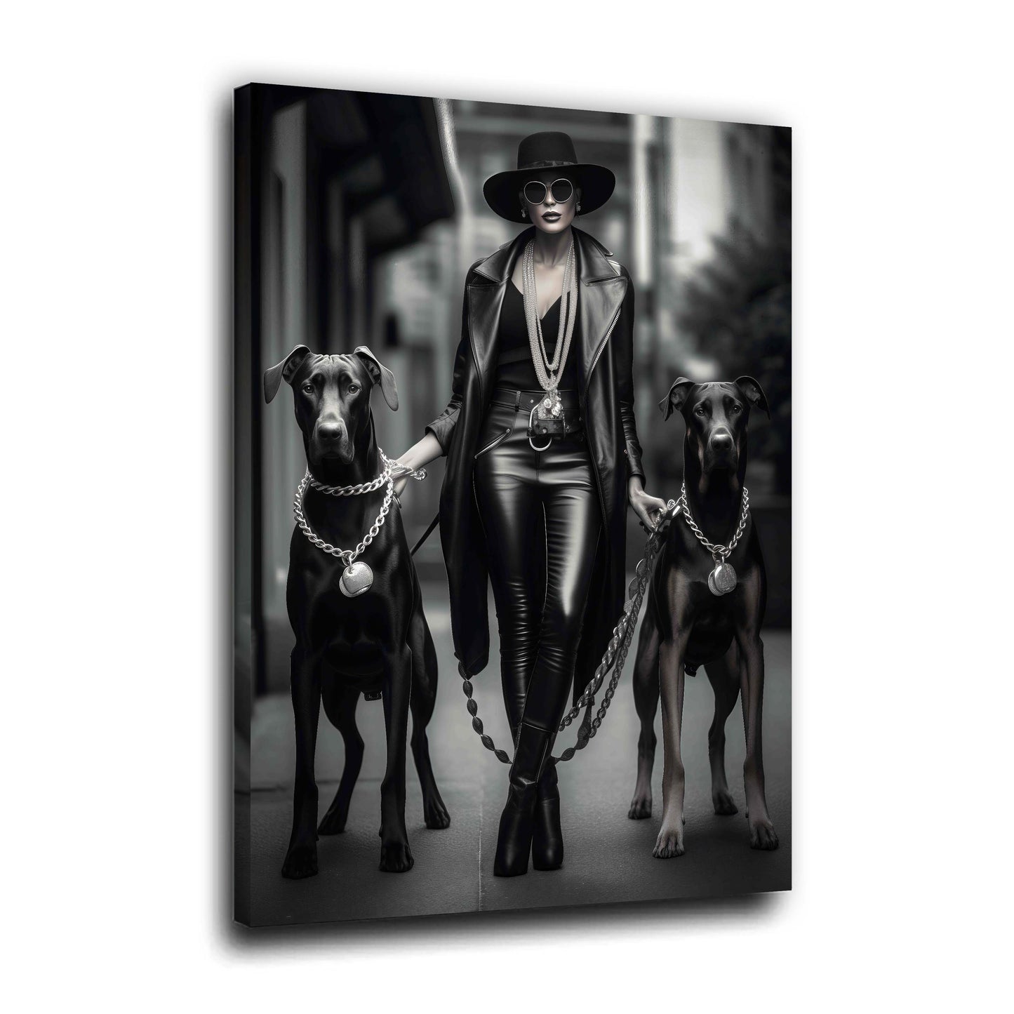 Powerfrau mit Hunden Leder und Ketten Wandbild