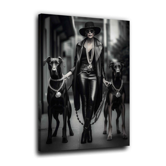 Powerfrau mit Hunden Leder und Ketten Wandbild