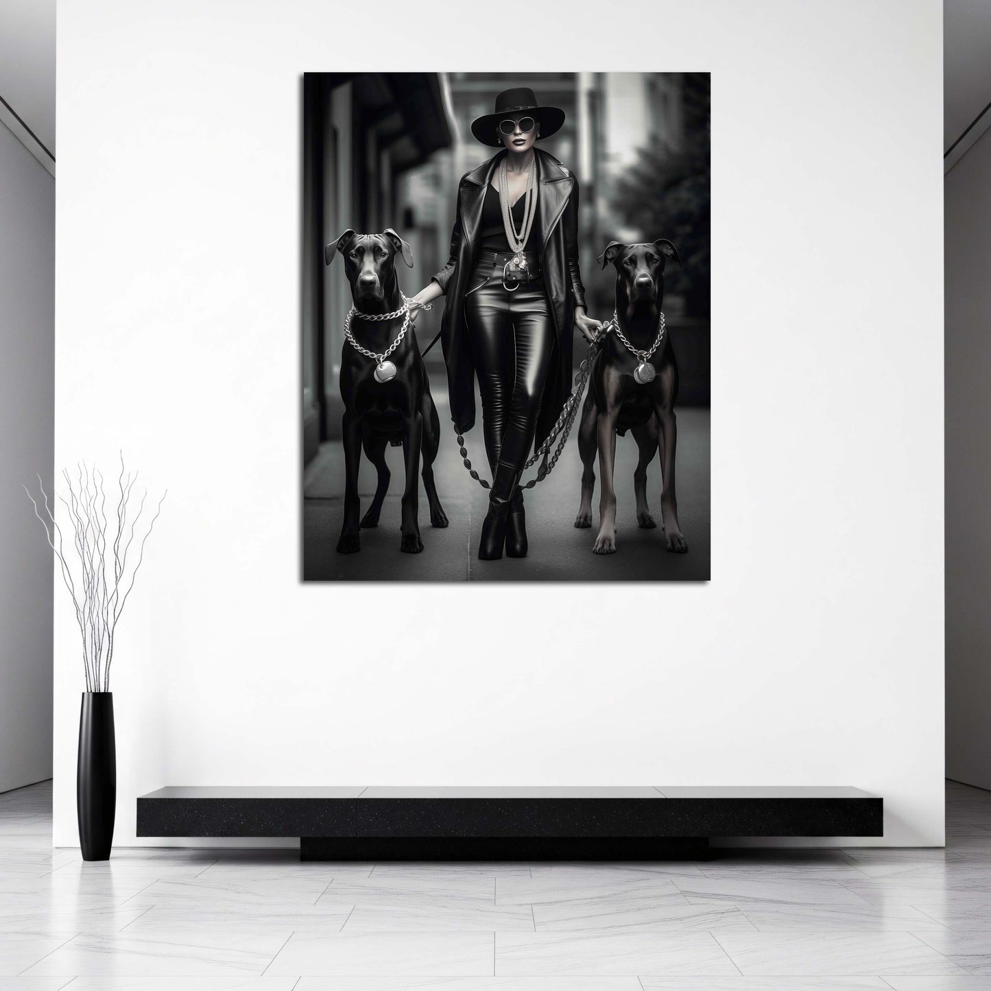 Powerfrau mit Hunden Leder und Ketten Wandbild