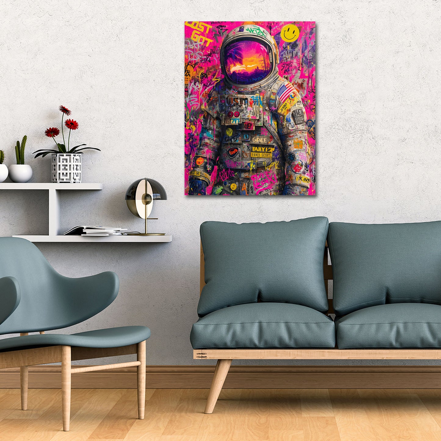 Raumfahrer Porträt Street Art mit Smileys futuristisch Wandbild