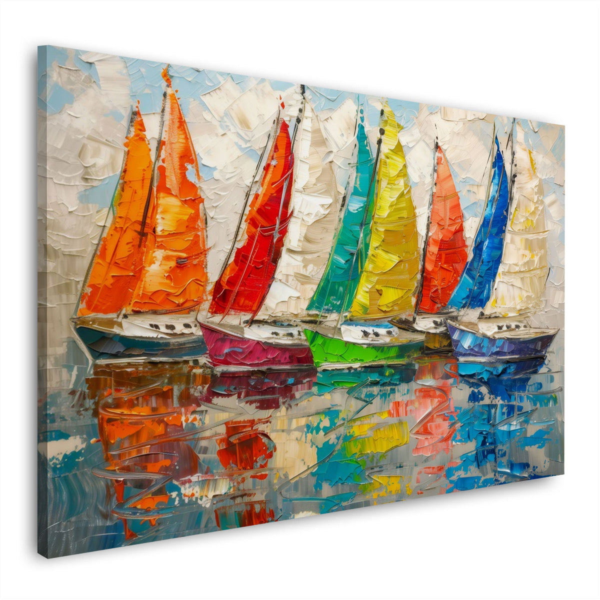 Wandbild regenbogenbunte Segelboote mit Spiegelung im Wasser auf Leinwand
