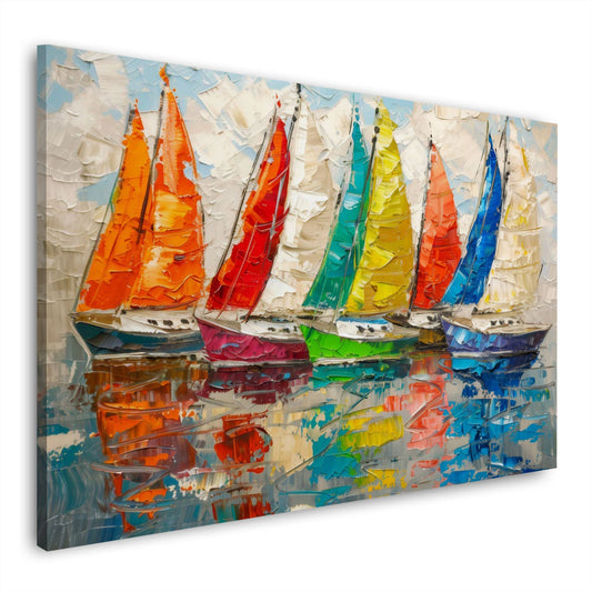 Wandbild regenbogenbunte Segelboote mit Spiegelung im Wasser auf Leinwand