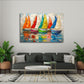 Buntes Segelboot Wandbild in Spachteltechnik über dem Sofa