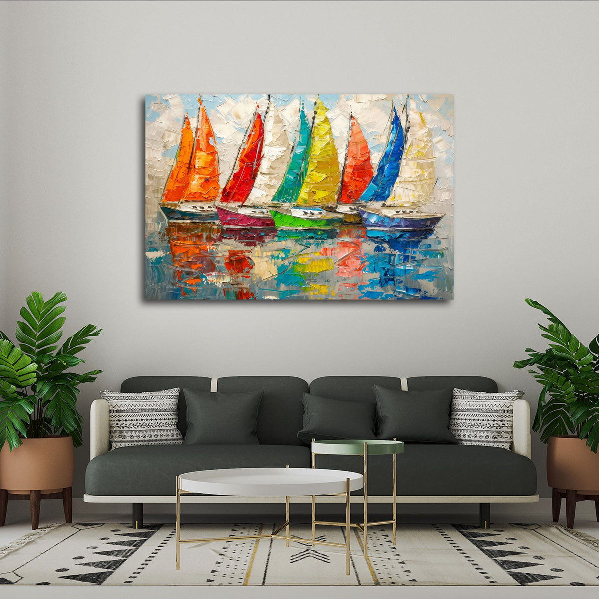 Buntes Segelboot Wandbild in Spachteltechnik über dem Sofa