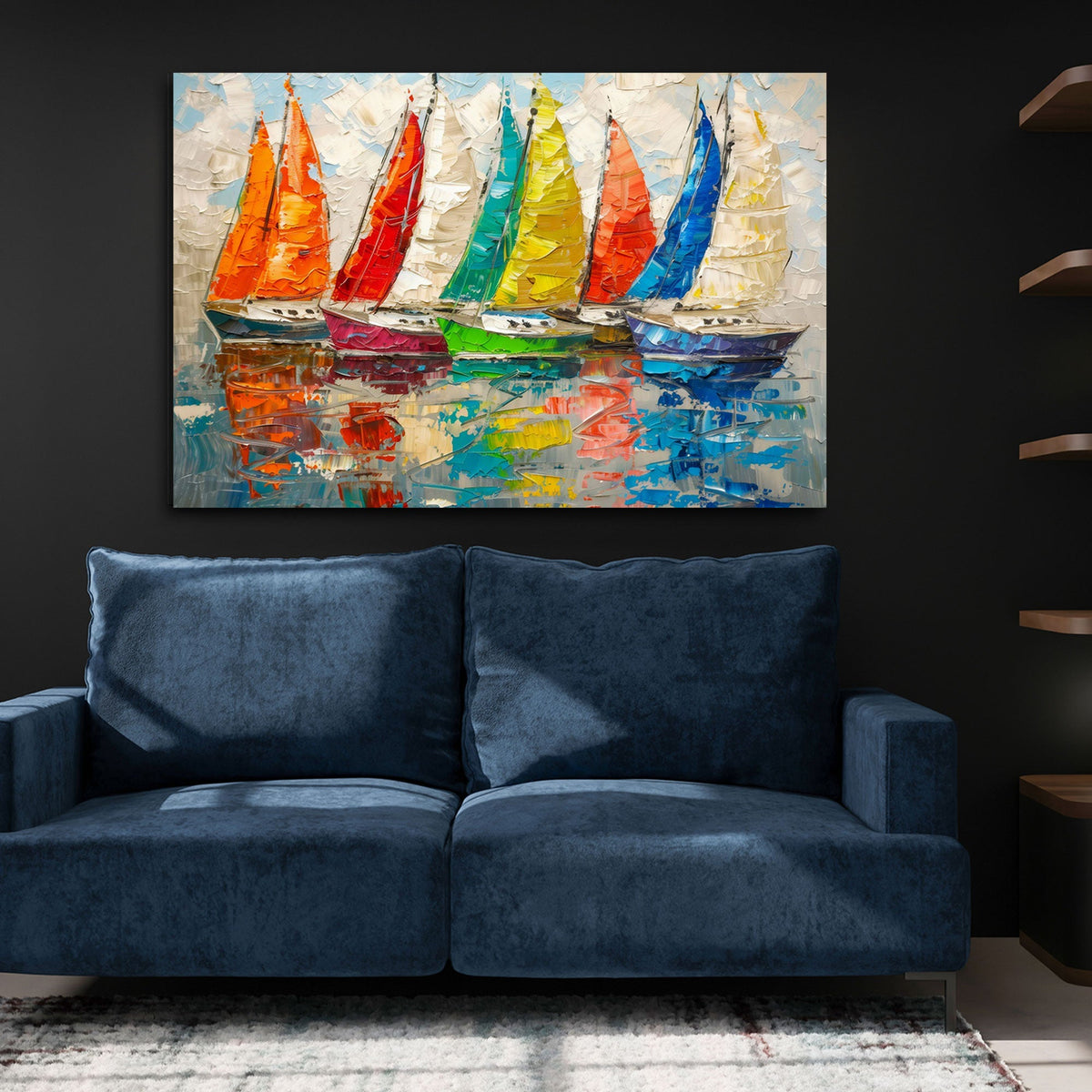 Detailansicht buntes Segelboote Wandbild mit dickem pastosem Farbauftrag