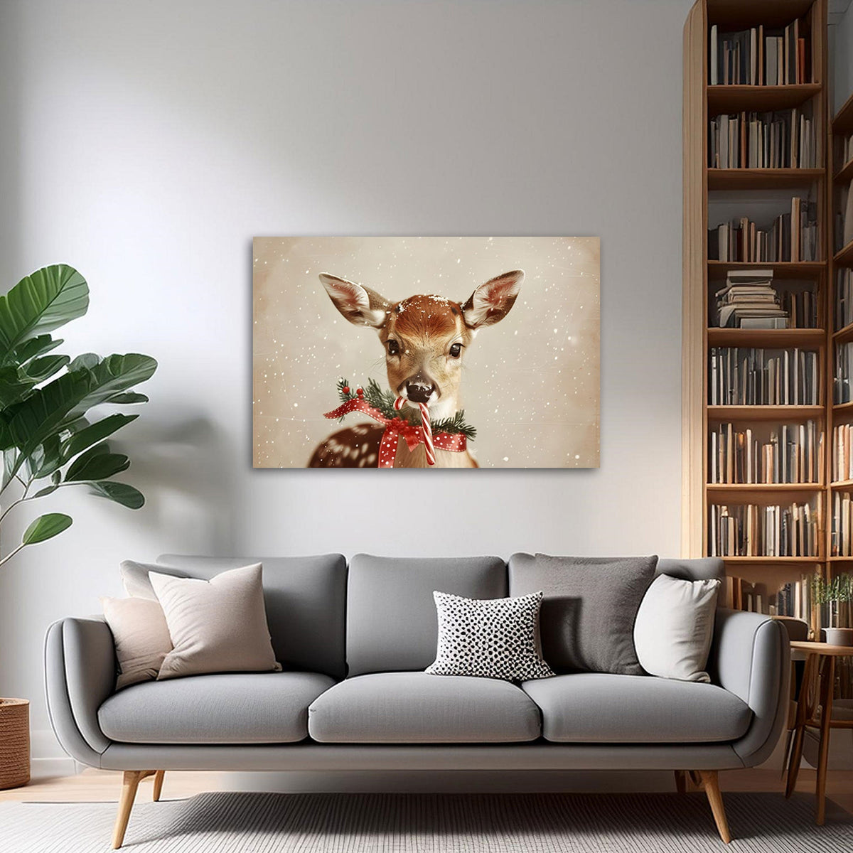 Weihnachtliches Rehkitz Wandbild über dem Sofa im Wohnzimmer