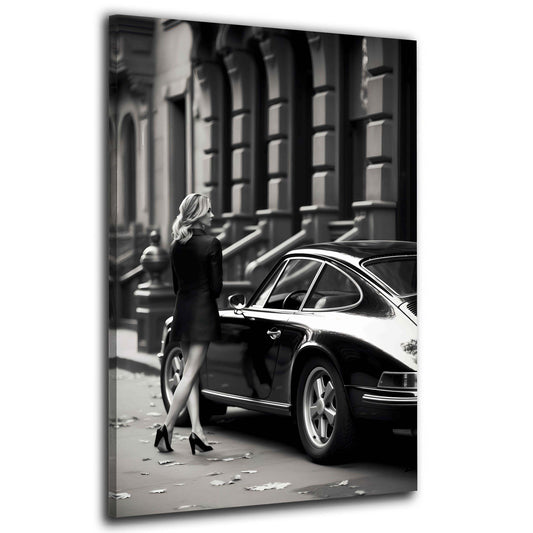 Retro Auto mit eleganter Frau schwarz weiß Wandbild