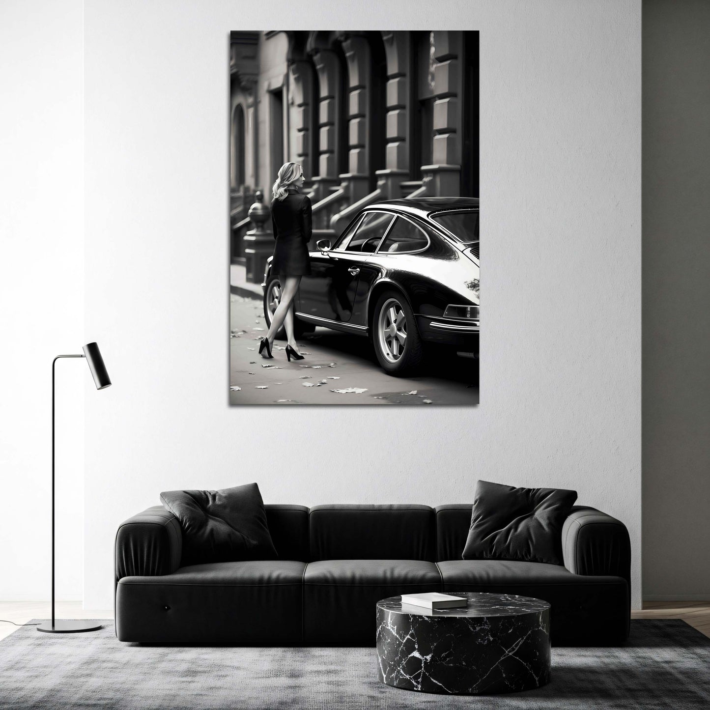 Retro Auto mit eleganter Frau schwarz weiß Wandbild