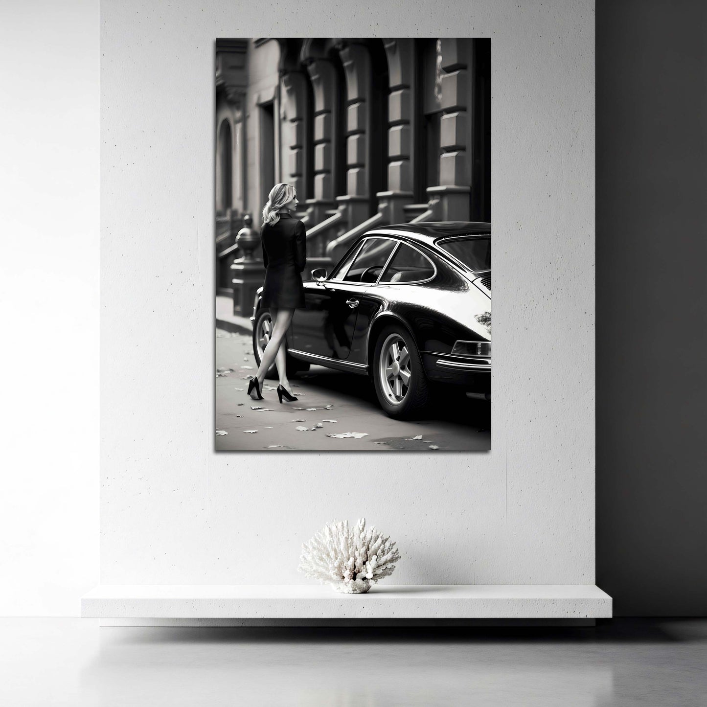 Retro Auto mit eleganter Frau schwarz weiß Wandbild