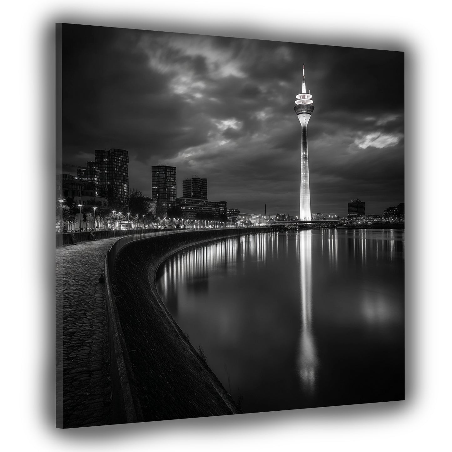 Rhein beleuchteter Turm Düsseldorf schwarz weiß Nachtaufnahme Wandbild