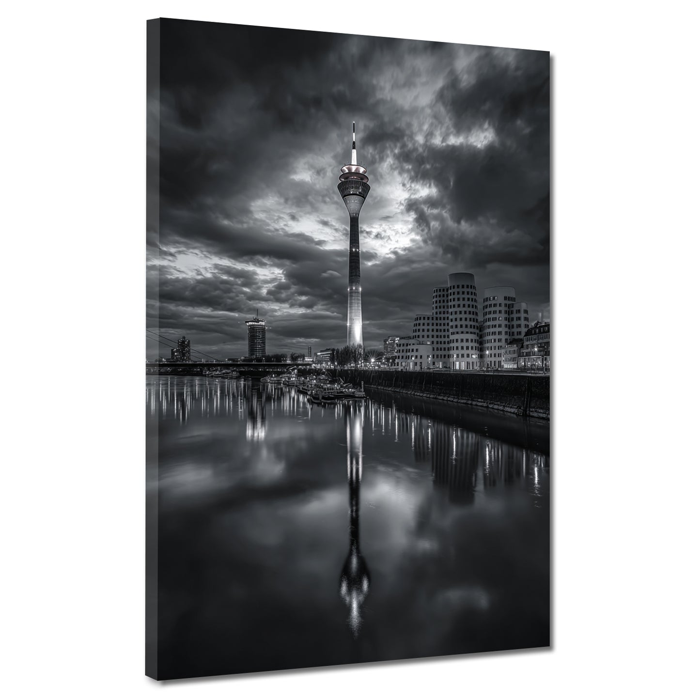 Rhein Skyline Düsseldorf schwarz weiß Nachtaufnahme Wandbild