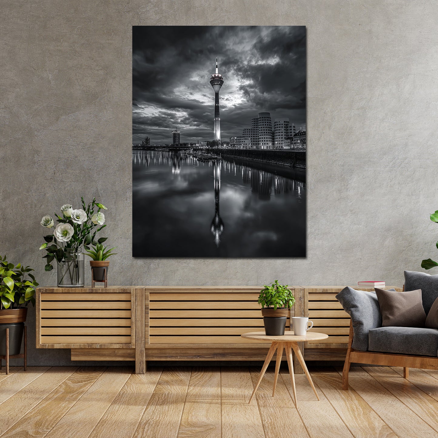 Rhein Skyline Düsseldorf schwarz weiß Nachtaufnahme Wandbild