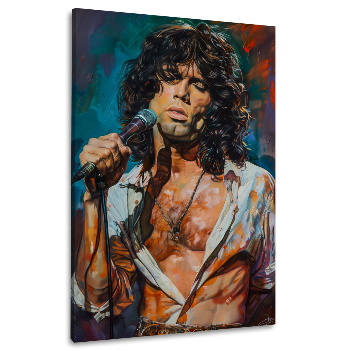 Wandbild Rocksänger mit offenem Hemd und Mikrofon als gemaltes Porträt