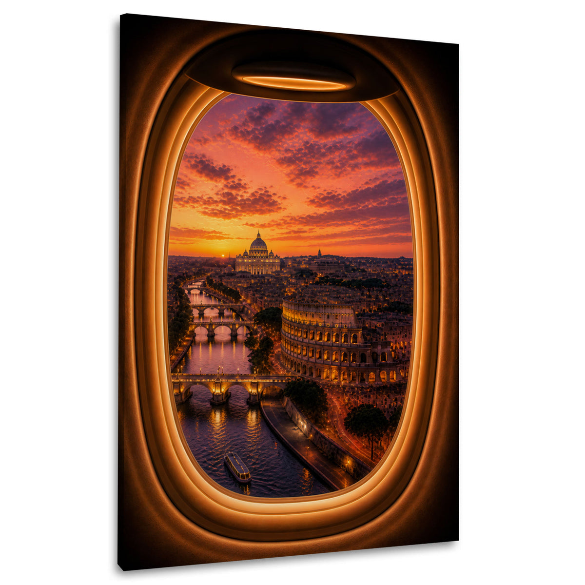 Wandbild mit Rom im Sonnenuntergang aus dem Flugzeugfenster