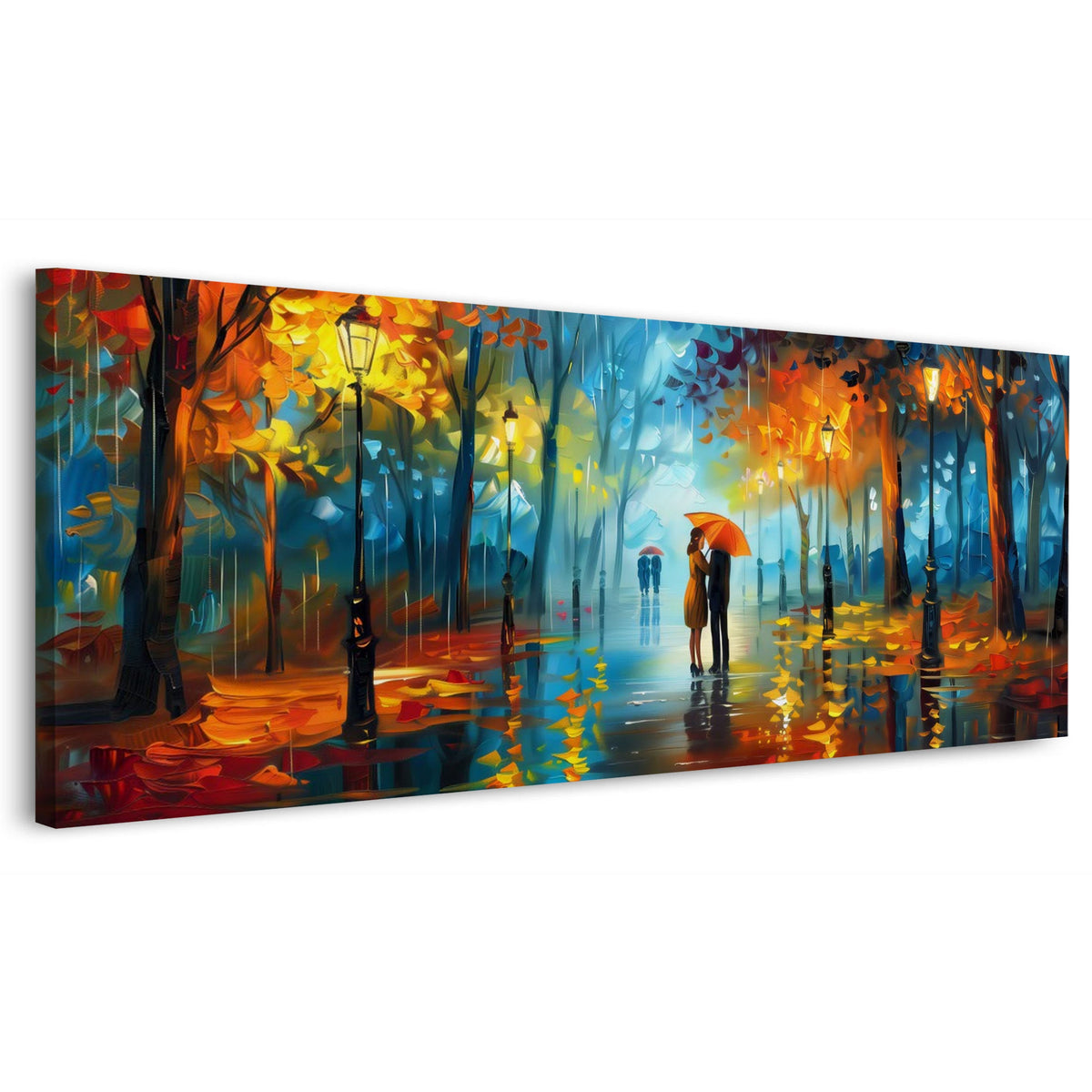 Panorama Wandbild romantisches Paar im Regen unter Laternen im Herbstpark