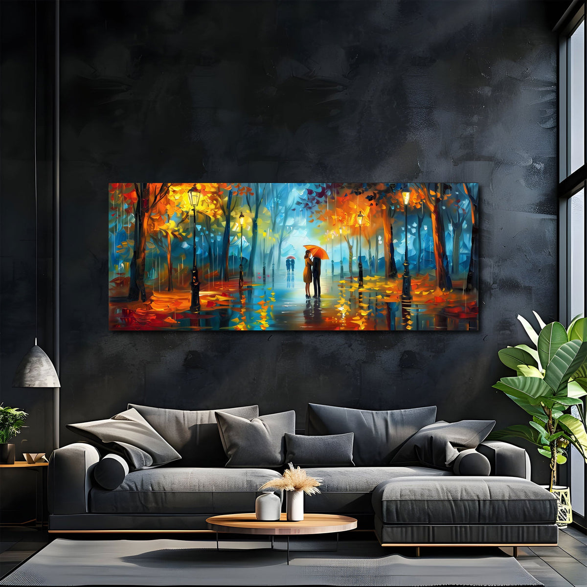Panoramabild Paar mit Schirm im Herbstregen über dem Sofa im Wohnzimmer