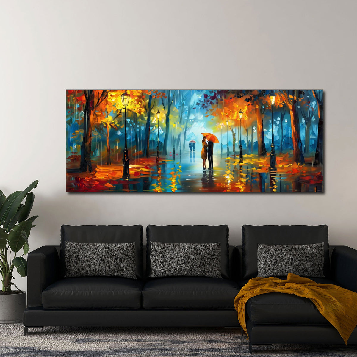 Detailansicht Panorama Wandbild mit Laternenlicht und Herbstfarben im Regen