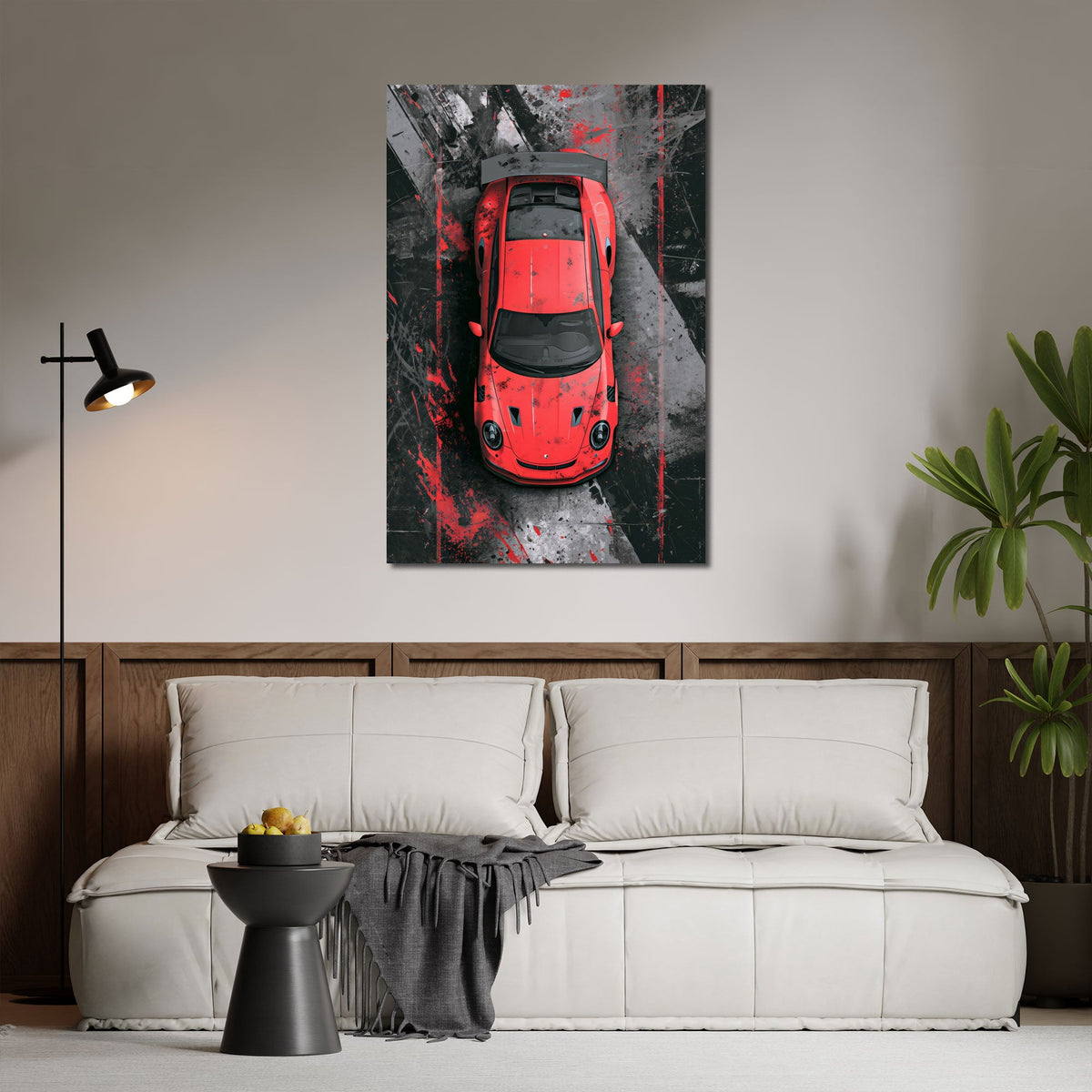 Sportwagen-Wandbild über dem Schreibtisch im Büro
