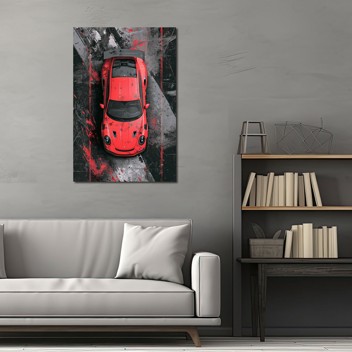 Roter Rennwagen aus der Vogelperspektive als Wandbild im Jugendzimmer