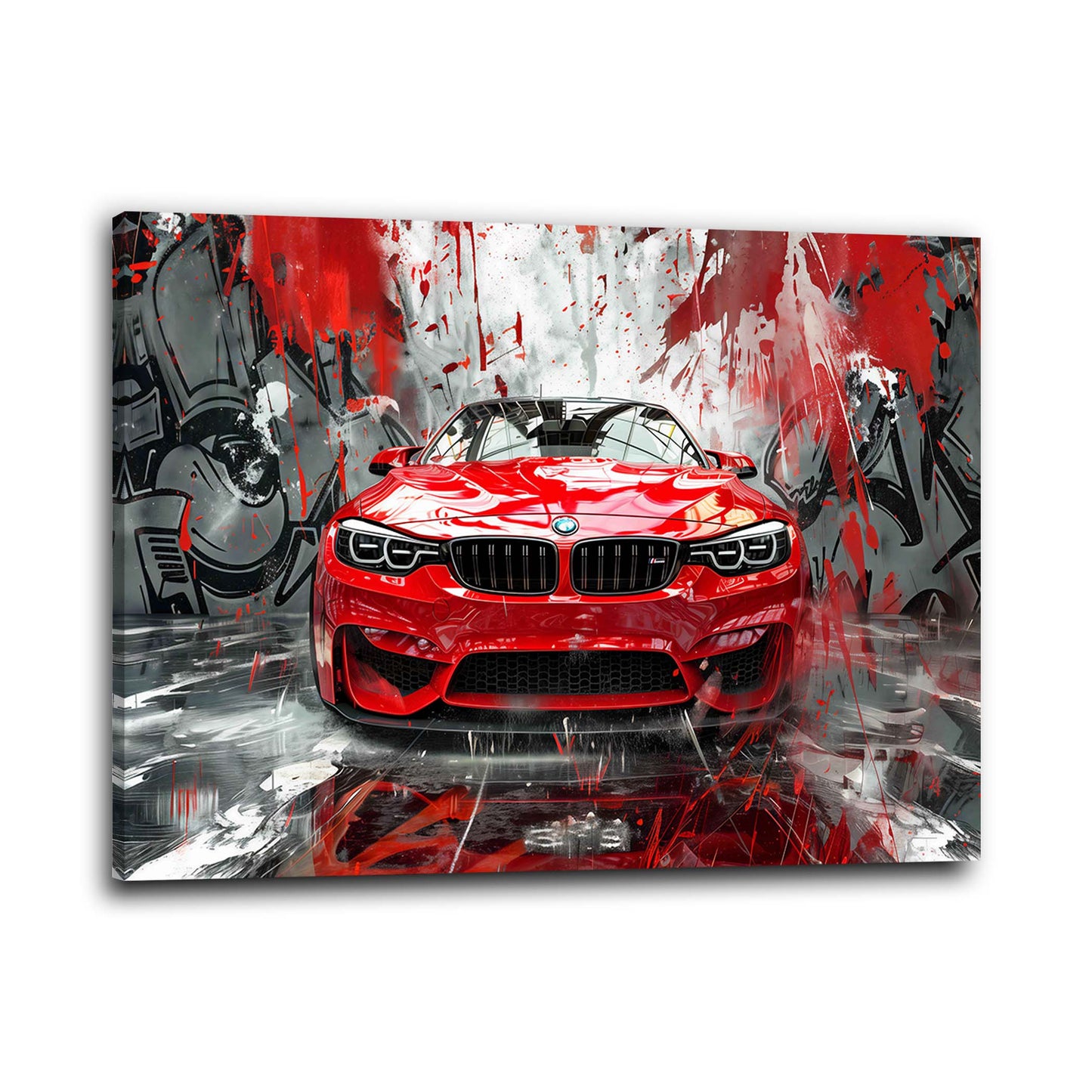 Rotes Auto BMW Street Art Wandgrafik mit Rennoptik Wandbild