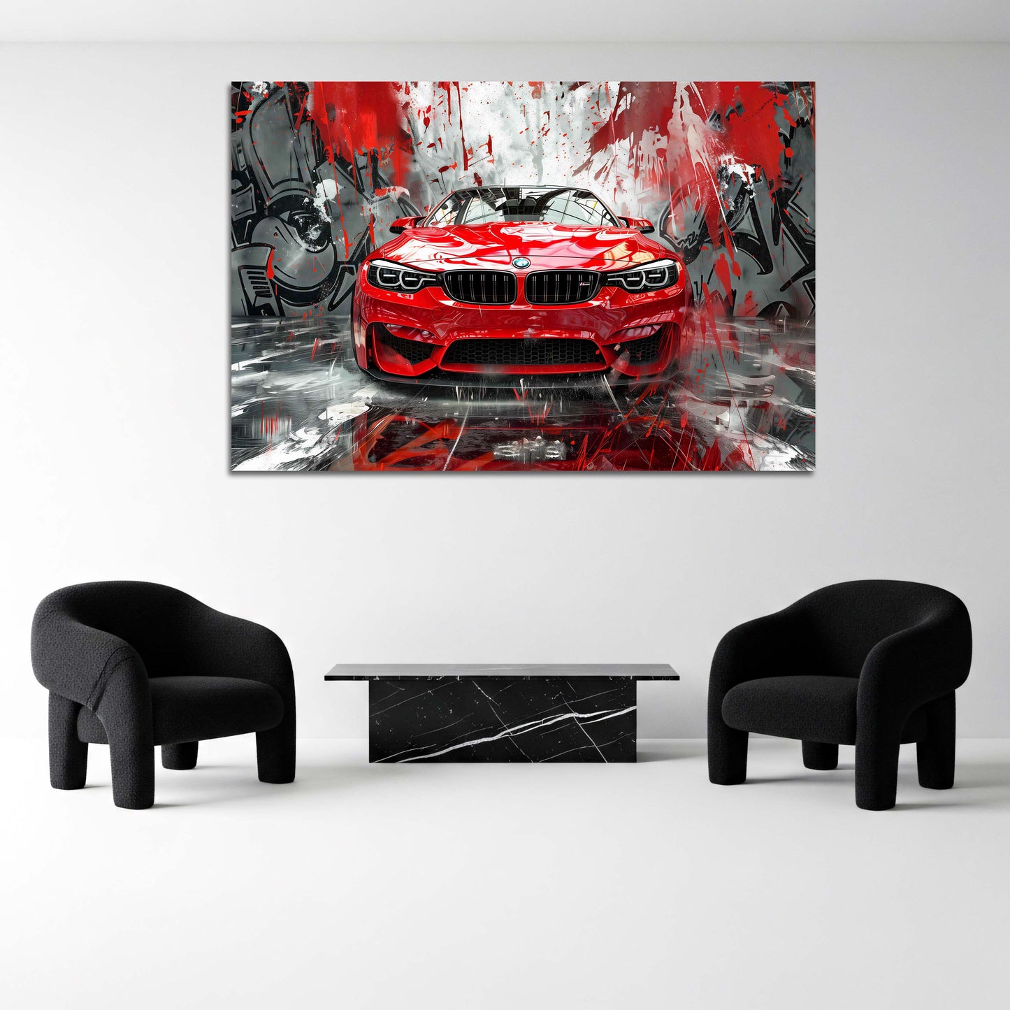 Rotes Auto BMW Street Art Wandgrafik mit Rennoptik Wandbild