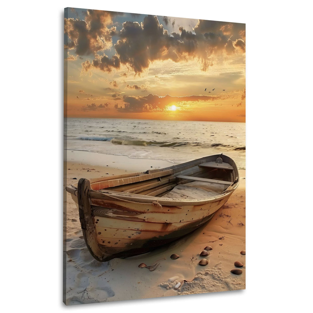 Wandbild mit Ruderboot am Sandstrand im Abendlicht
