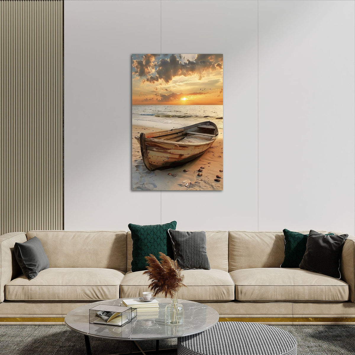 Strand Wandbild mit Ruderboot als Blickfang im hellen Wohnraum