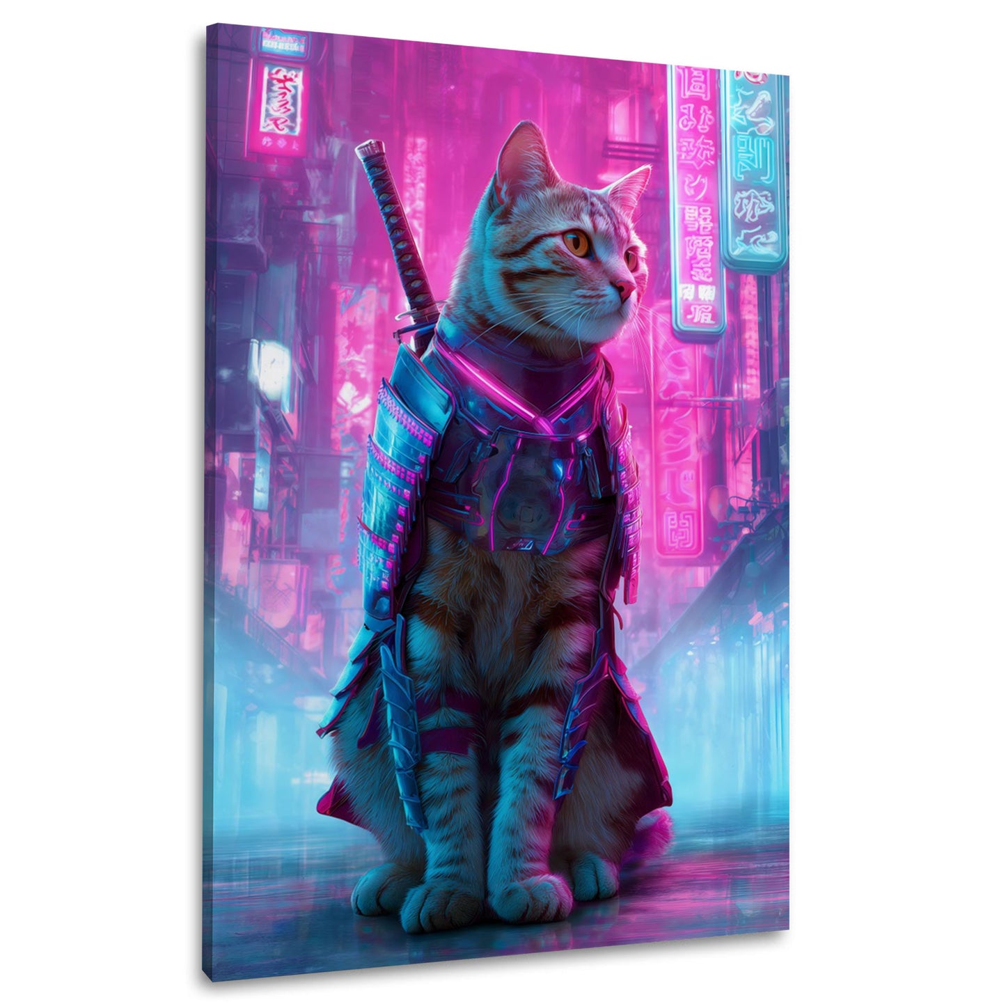 Samurai Katze futuristische Rüstung Neon Cyberpunk Straße Wandbild