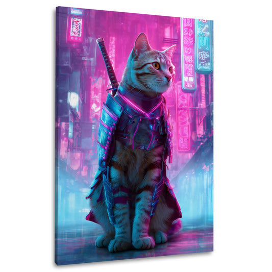 Samurai Katze futuristische Rüstung Neon Cyberpunk Straße Wandbild