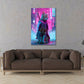 Samurai Katze futuristische Rüstung Neon Cyberpunk Straße Wandbild