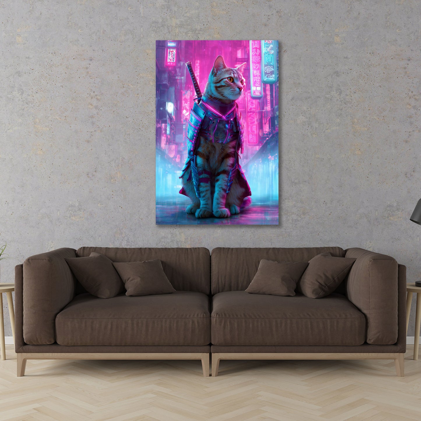 Samurai Katze futuristische Rüstung Neon Cyberpunk Straße Wandbild